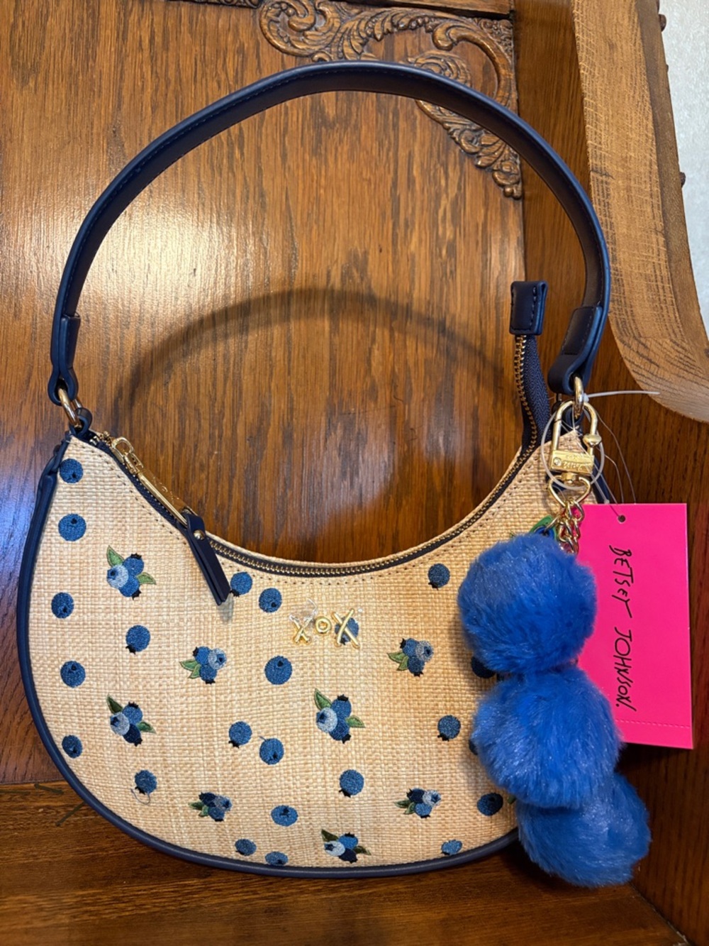 NWT-Betsey Johnson-Straw-Shoulder Bag-Blueberry🫐Embroidery-Blue-Pom-Pom Charms